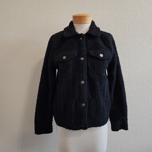 Hollister Black Sherpa Fuzzy Button Down Collared Trucker Jacket Womens S - Picture 2 of 12